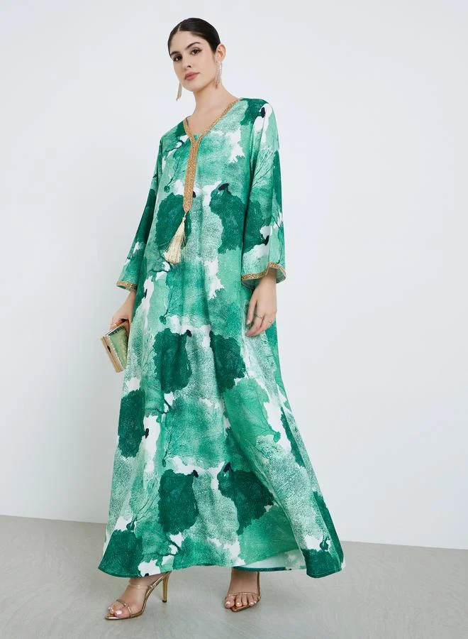 Amirah Women Green Printed Jalabiya with Tassel Detail